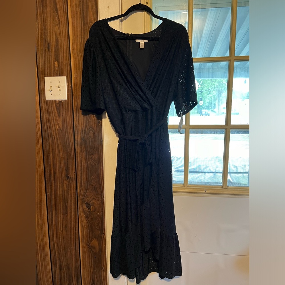 London Times Black Eyelet Wrap dress